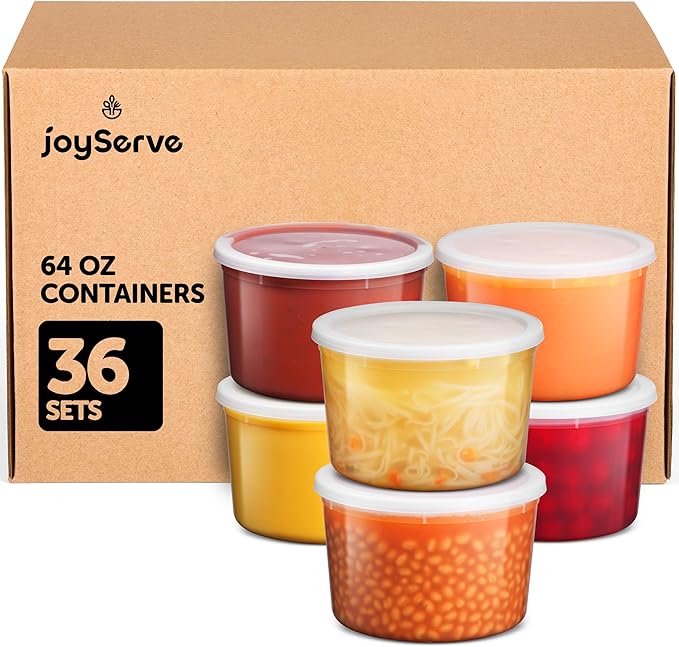 JoyServe 64 oz Food Storage Containers with Lids (Case Pack of 36 Sets), Half Gallon Round Plastic Deli Container with Leak-Proof Lid, BPA-Free, Freezer, Dishwasher & Microwave Safe