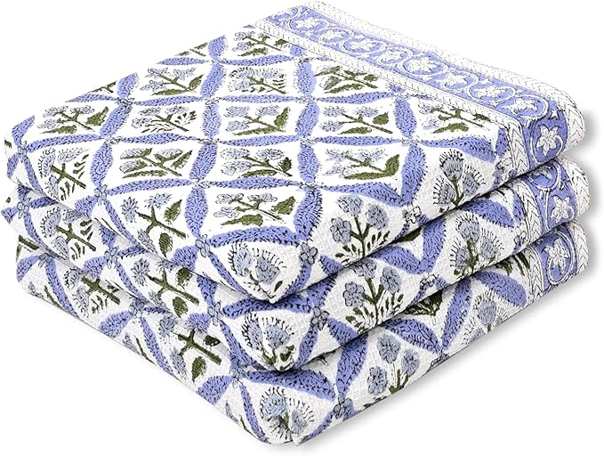 Ridhi Light Steel Blue Hand Block Print Waffle Kitchen Towel Set of 3-16 x28 Ultra Absorbent Quick Dry 100% Cotton Dish Towels Lightweight Reusable Sustainable Tea Towels for Cleaning and Drying