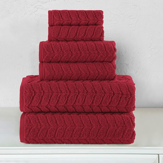 Elegant Comfort Luxury 6-Piece 100% Turkish Cotton Jacquard Braided Textured Premium Hotel Quality Towel Set– Soft and Absorbent, Includes 2 Bath Towels, 2 Hand Towels and 2 Washcloths, Burgundy