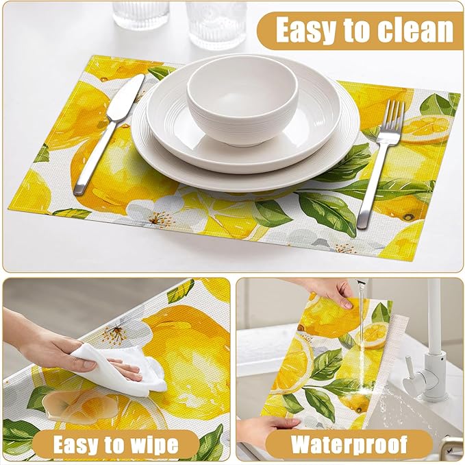 Watercolor Lemon White Flower Placemats Set of 6, Linen Place Mat Washable Stain Resistant Table Mats for Farmhouse Kitchen Dining Party Wedding Decor 12x18 Inch