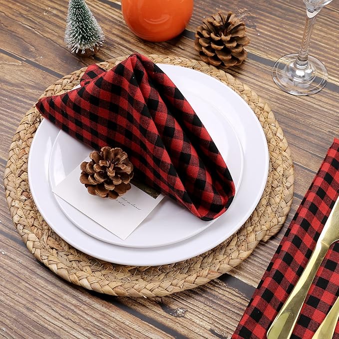 Red Buffalo Plaid Cloth Napkins Set of 6, Red and Black Checkered Table Napkins Washable, Oversized Gingham Napkins, Christmas Dinner Napkins for Wedding, Parties, Thanksgiving, Dining Celebration