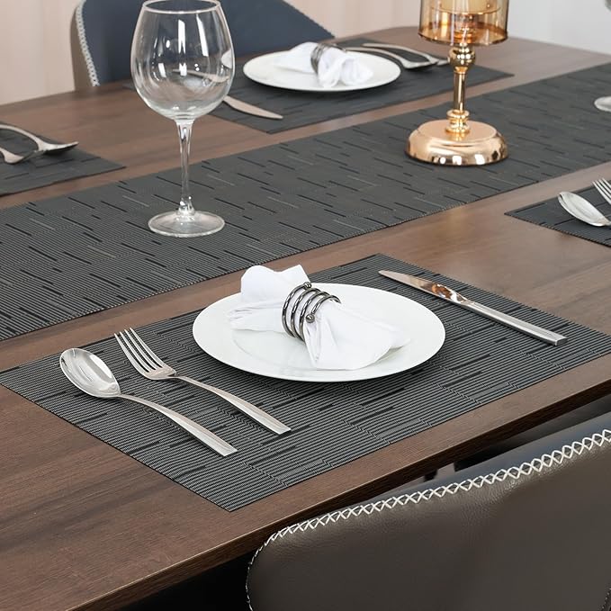 Myir JUN Placemats Set of 8, Vinyl Woven Placemats Place Mats Indoor Set of 8 Washable Table Mats Non-Slip Place mats for Dining Table (Black-Gray, Set of 8)