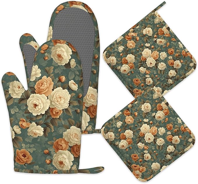 Vintage Rose Flower Oven Mitts and Pot Holders Set of 4,Retro Floral Kitchen Glove Heat Resistant Oven Mitts with Non-Slip Silicone for Baking, Cooking, BBQ