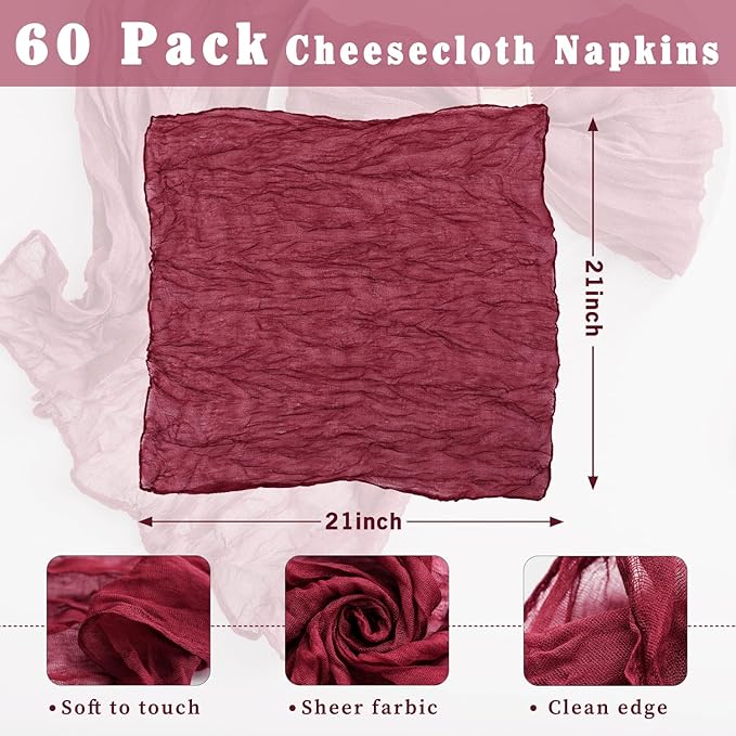 60 Pack Burgundy Cheesecloth Napkins Washable 21x21 Inches Burgundy Cloth Napkins Set of 60 Dinner Table Napkins for Wedding Bridal Baby Shower Rustic Boho Cotton Gauze Summer Party Table Decor