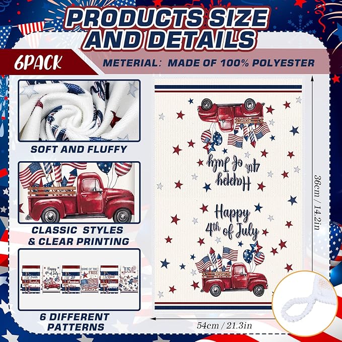 Breling Set of 6 4th of July Kitchen Towels Patriotic Themed Dish Towel Bathroom Decorative Rustic Cloths for Independence Day Kitchen Bathroom Home Cooking Housewarming, 14 x 21 Inch
