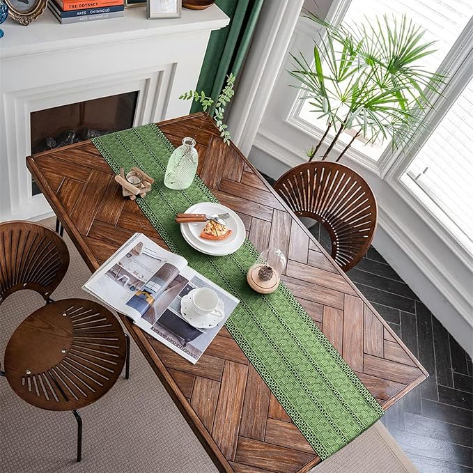 Alynsehom Macrame Table Runner Green Boho Table Runners with Tassels Hand Woven Cotton Table Runner Rustic Farmhouse Table Runners for Bohemian Kitchen Dining Table(12x71in)