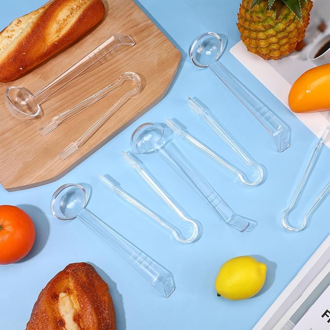 12 Pieces Plastic Serving Utensils Set Including 6 Pcs 1 oz Small Ladle and 6 Pcs Tong Acrylic Long Handle Ladle for Serving Sauce, Soup, Dressing, Punch Bowl, Gravy for Party Banquet Catering(Clear)