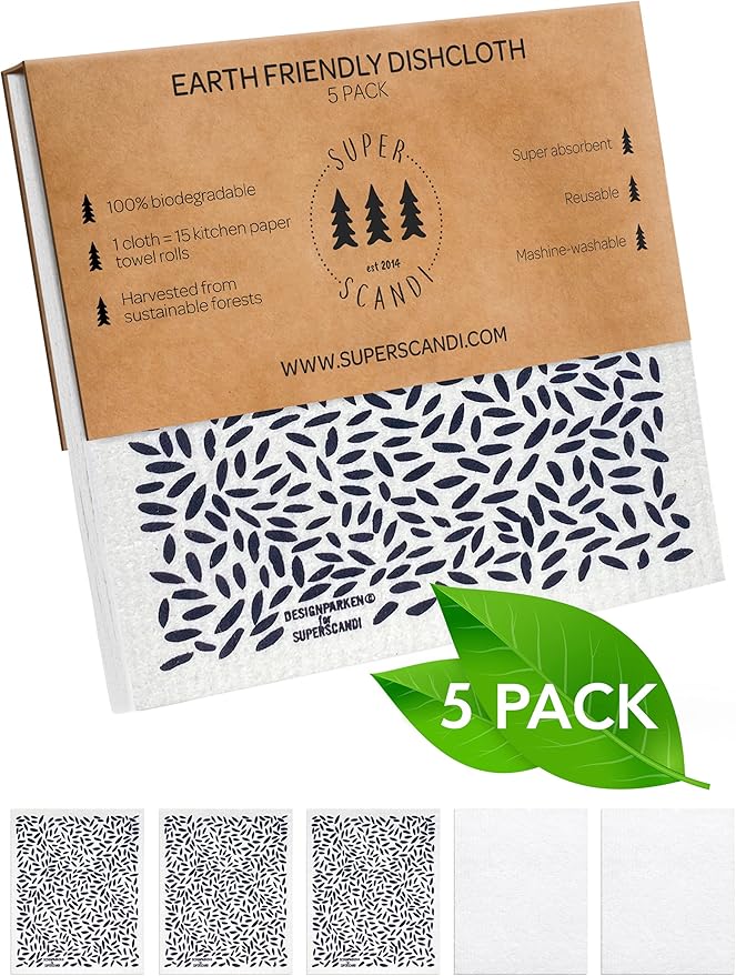 SUPERSCANDI 5 Pack Swedish Dishcloths for Kitchen - 100% Biodegradable & Compostable Reusable Paper Towels Washable, Food-Safe & Without Plastic - Dish Rags Suitable for Any Surface, Leaves