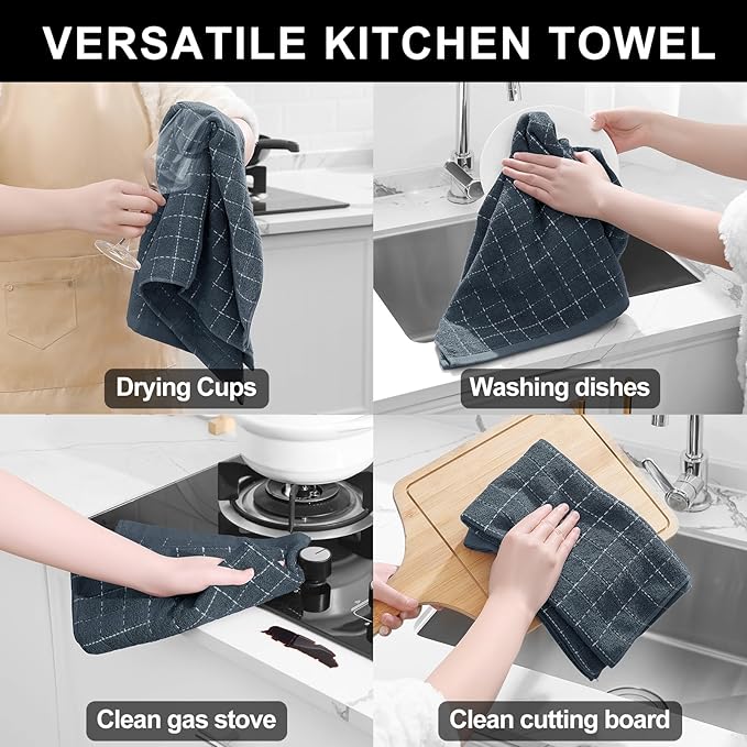 Homaxy Kitchen Towels and Dishcloths Set, 12 x 12 and 20 x 28 Inches, Set of 8 Bulk Cotton Terry Kitchen Towels Set, Checkered Designed, Soft and Super Absorbent Dish Towels, Dark Grey
