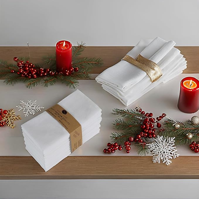 NATURALCRAFT White Cloth Napkins Set of 12 Cotton Linen Absorbent Soft Durable Easter Reusable and Washable Fabric Napkin -Ideal for Hotel Dinner Farmhouse Party Wedding Dinner Spring Everyday Use