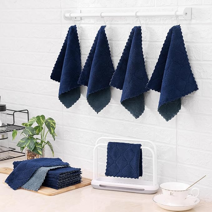 Mordimy 24 Pack Kitchen Cloths Dish Towels (10" x 10", Dark Grey & Navy Blue), Super Soft and Absorbent Dish Cloths, Coral Velvet Microfiber Cleaning Cloth, Nonstick Oil Fast Dry Dishcloths