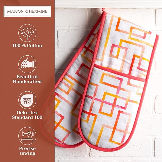 Maison d' Hermine Double Oven Mitts 100% Cotton 7"x35" Double Oven Mitt Heat Resistant BBQ Cooking Gloves with Loop Baking Grilling Gifts for Mothers Day Spring Summer (Summer Maze)