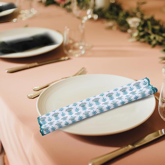 Ridhi Hand Block Print Aquamarine Blue 18" x 18" (Set of 4) Embroidery Table Napkins Reusable Cotton Dinner Napkins for Weddings, Parties, Everyday Dining Gift for Spring, Easter, Valentine
