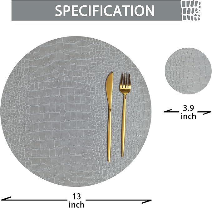 Round Leather Placemats for Round Tables Set of 6, Gray Table Place Mats and Coasters, Washable Easy to Care for Indoor Decor 13" Diameter