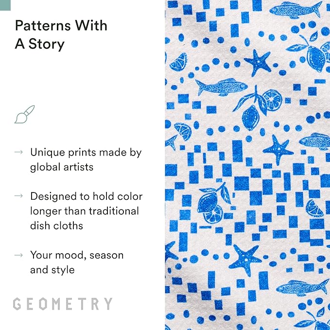 GEOMETRY Dishcloth – Spring & Summer Collection – Quick-Dry, Ultra-Absorbent, Reusable Microfiber Kitchen Towels for Drying & Cleaning - Santorini Tile - 3 Pack