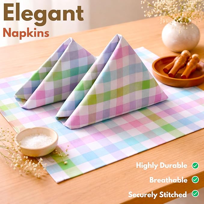 Native Fab Easter Checked Cloth Dinner Napkins Set of 4, 100% Cotton 18"x18", Soft, Reusable Table Napkin, Absorbent Hotel Quality, Machine Washable, Daily Dining, Everyday Use - Multi Colors