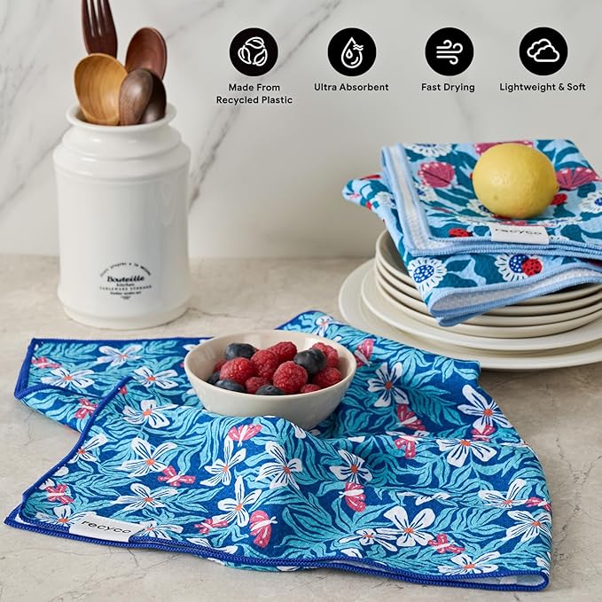 RECYCO Waffle Kitchen Towel Set of 2 - Quick Dry Microfiber Sustainable Dish Towels - Absorbent Reusable Cleaning Tea Towels - Lightweight Hand Towels,16”x 28”, Cloud Blue