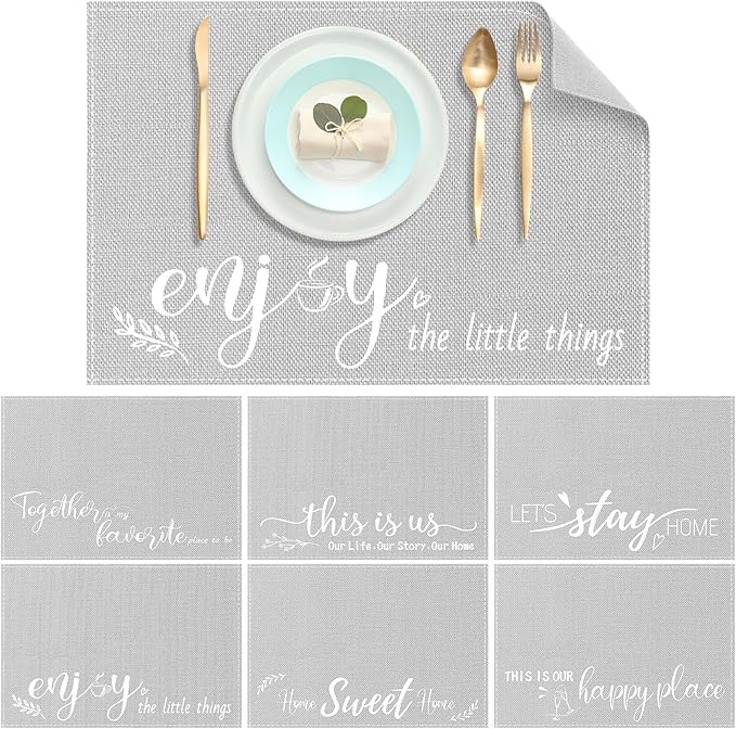 Farmhouse Placemats Set of 6 Linen Placemats 18x12'' Rustic Table Mats with Sayings Housewarming Gifts Country Tablemats Washable Cloth Place Mats for Farmhouse Table Setting(Grey)