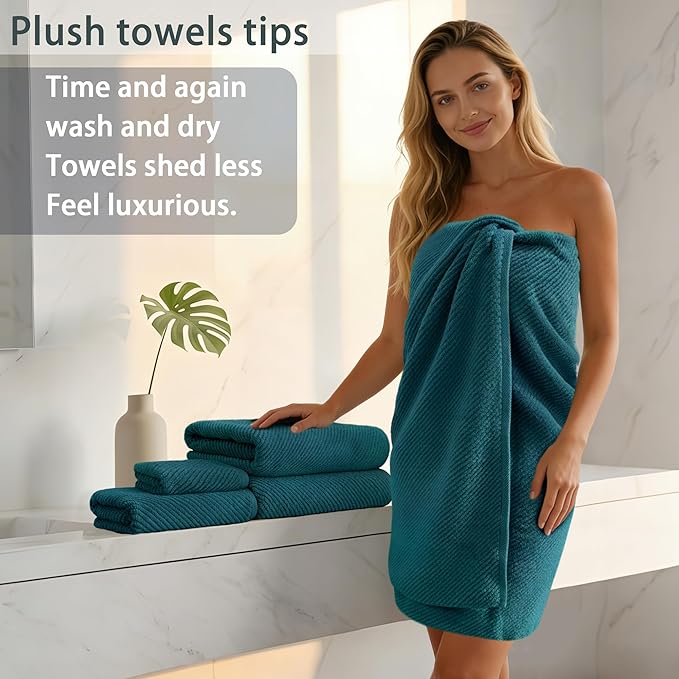 VOOVA & MOVAS Bath Towels Set of 4, Large 30" x 56" - 100% Cotton | Thick | Light Weight | Soft | Absorb | Quick Dry, Bath Towels Sets for Bathroom, Luxury Towel Gift Set, Deep Turquoise