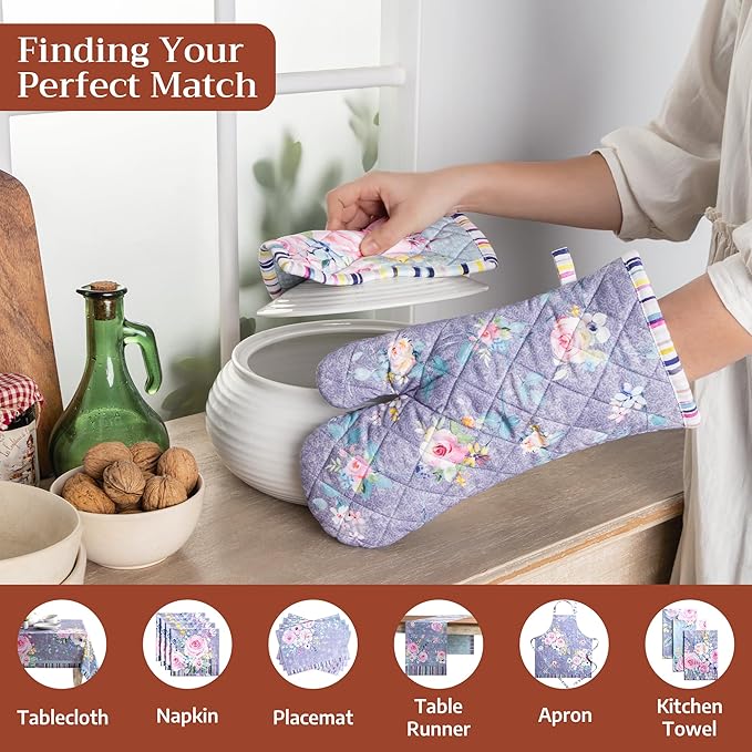 Maison d' Hermine 100% Cotton Oven Mitt & Pot Holder Set (7.5"x13" & 8"x8") Heat Resistant BBQ Cooking Gloves with Loop Kitchen Gifts for Mothers Day Spring/Summer (Sweet Rose Lavender - Lush)