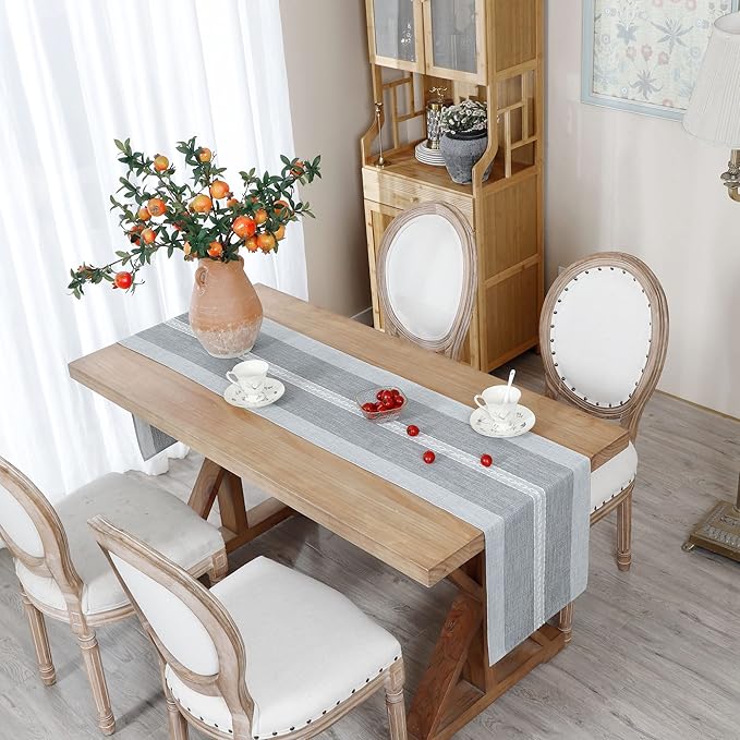 Farmhouse Braided Striped Table Runner Rustic Embroidery Coffee Table Runners for Decorations Weddings Holiday Grey 13x60inch