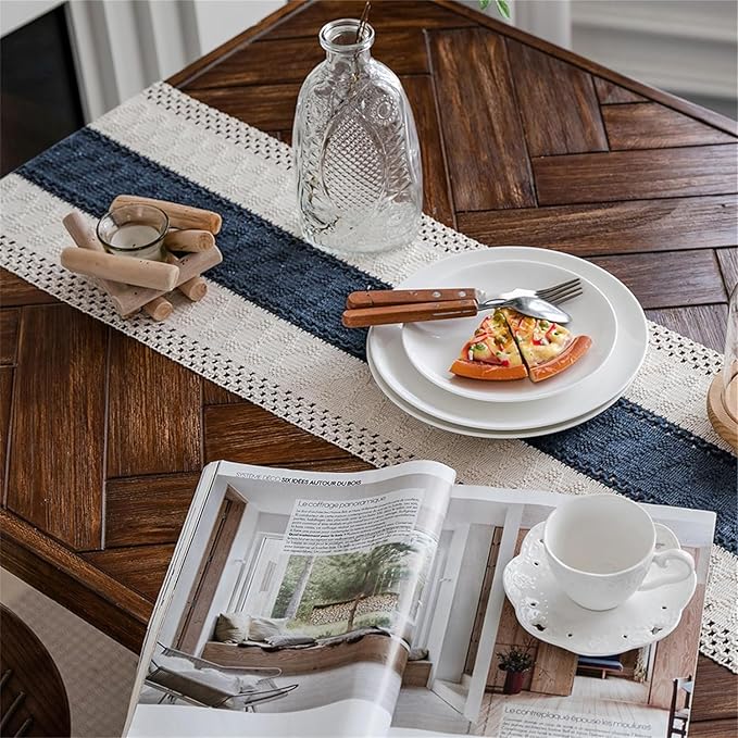 Alynsehom Macrame Table Runner Cream Beige and Blue Boho Table Runners with Tassels Hand Woven Cotton Table Runner Rustic Farmhouse Table Runners for Bohemian Kitchen Dining Table(12x48in)