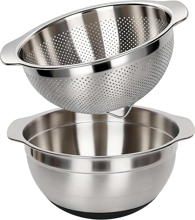 304 Stainless Steel Colander, 5 QT Large Capacity and 5QT Mixing Bowl, 2mm Micropore Strainer for Washing Rice, Fruit, and Veggies, Perfect Draining for Cooked Pasta
