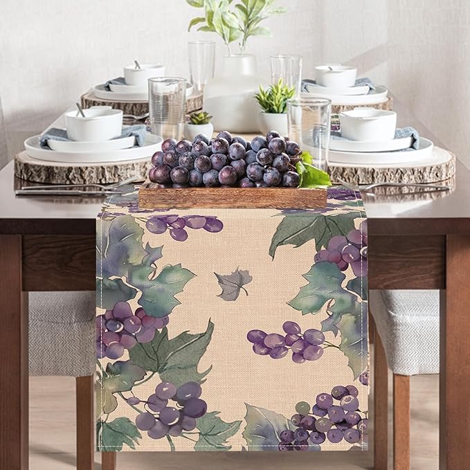 Watercolor Grapes Table Runner, Sweet Fruit Kitchen Dining Table Decoration, Spring Summer Burlap Indoor Outdoor Home Decor Party Supply 13 x 90 Inches