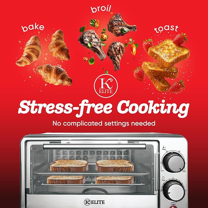 Kitchen Elite 4-Slice Toaster Oven, Compact Countertop Appliance with Bake Tray, Wire Rack, Adjustable Timer, and Temperature Control, Black