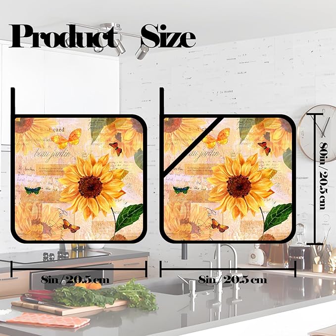 Sunflower Floral Pot Holders Set of 2,Kitchen Heat Resistant Potholder for Microwave Cooking Baking Oven and BBQ