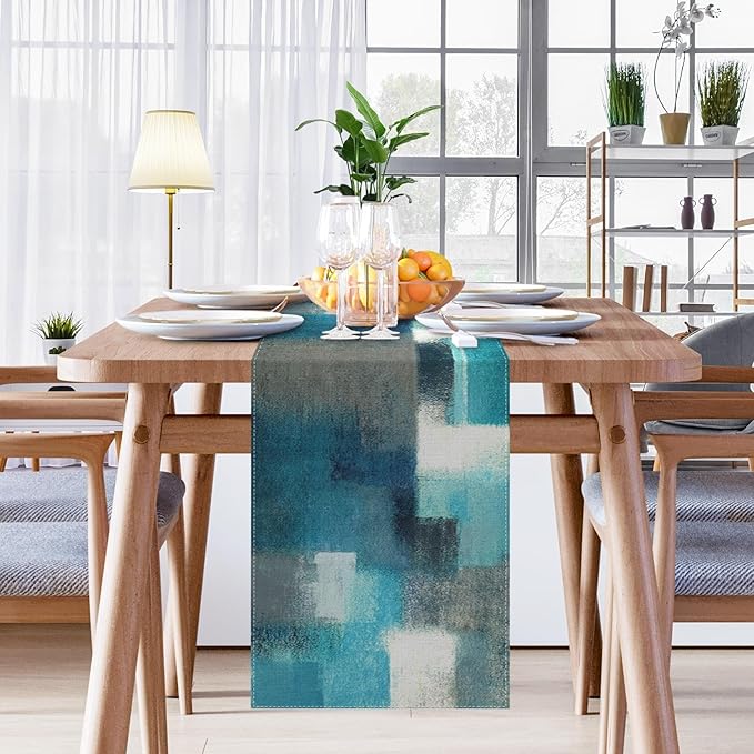 Emvency Farmhouse Table Runner, Modern Teal and Grey Abstract Art Painting for Kitchen Coffee Table Family Dinners Holiday Parties Wedding Events Decor(13x60 inch)