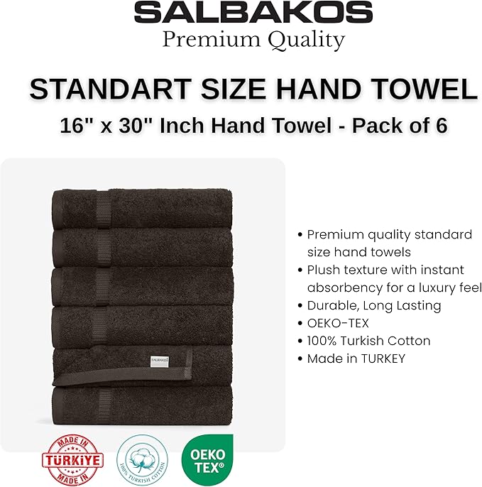 SALBAKOS 100% Turkish Cotton Hand Towel Set of 6 16x30 inch | Premium Quality | Hotel & Spa Collection | Soft, Super Absorbent, Long Lasting Hand Towels | Made in Turkey (Chocolate, 6 Hand Towels)