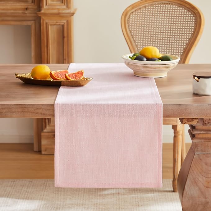 ZeeMart Rustic Cotton Linen Table Runner, 13x60 Inches Pink, Farmhouse Style Pink Table Runners 60 Inches Long, Washable Kitchen Dining Table Decoration for Home Party Decor