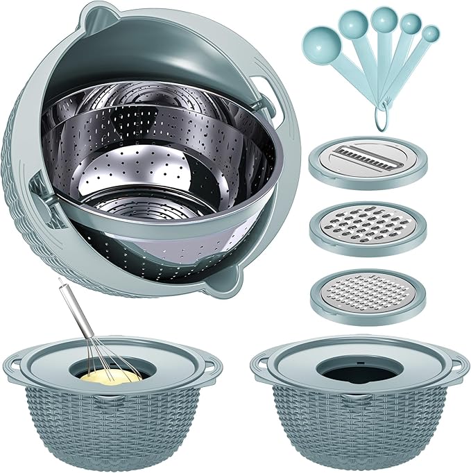 4-1 Strainer with Bowl & Spoons Set - Strainers and Colanders(Patented) - Colanders for kitchen - Food Strainer with New Upgraded Graters & Spoons - Fruit Bowl for Pasta Fruits Veggie- Blue