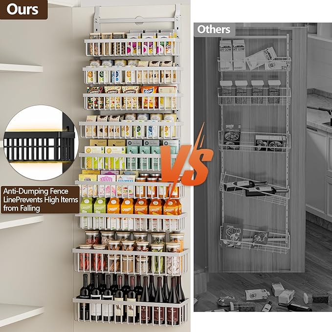 POKIPO 9 Tier Over The Door Pantry Organizer, 2 in 1 Wall Mount or Hanging Spice Rack with Adjustable Basket, Seasoning Organizer and Storage for Kitchen Cabinet Closet Bathroom