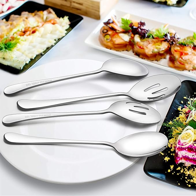 LIANYU 6 Pack Serving Spoons Set, Stainless Steel Large Slotted Spoons, Buffet Dinner Restaurant Serving Utensils, Catering Set for Party Banquet, 9.8 Inch