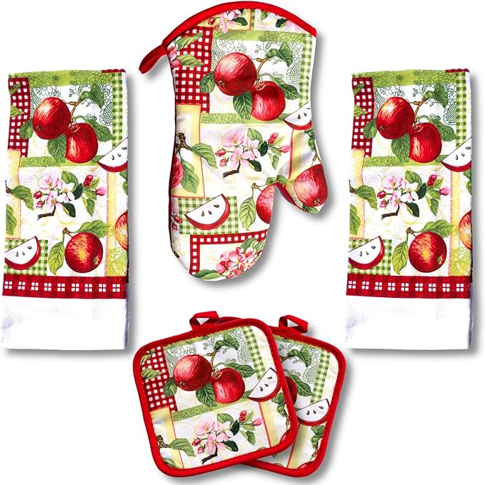 Lobyn Value Packs - Red Apples on a Patchwork Quilt, 5 Piece Kitchen Towel Set with 2 Decorative Dish Towels (25 X 15), 1 Oven Mitt (11 X 7) and 2 Potholders (6.5 X 6.5)