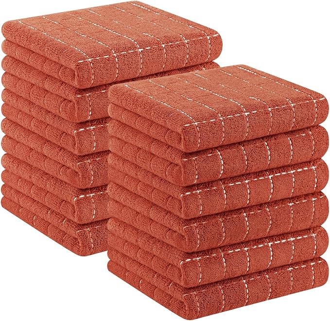 Homaxy 100% Cotton Terry Kitchen Towels(Rust, 13 x 28 inches), Checkered Designed, Soft and Super Absorbent Dish Towels, 12 Pack