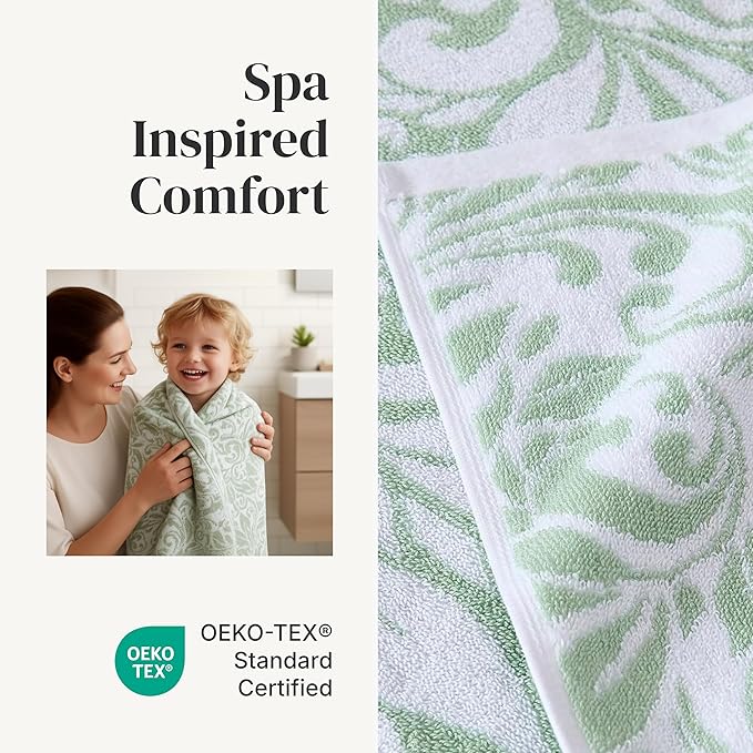 Modern Threads Botanical Vine 6-Piece 100% Cotton Towel Set – Reversible Yarn Dyed Jacquard – Includes 2 Bath Towels, 2 Hand Towels, 2 Washcloths – Absorbent, Quick Dry, Soft & Durable – Sage Green
