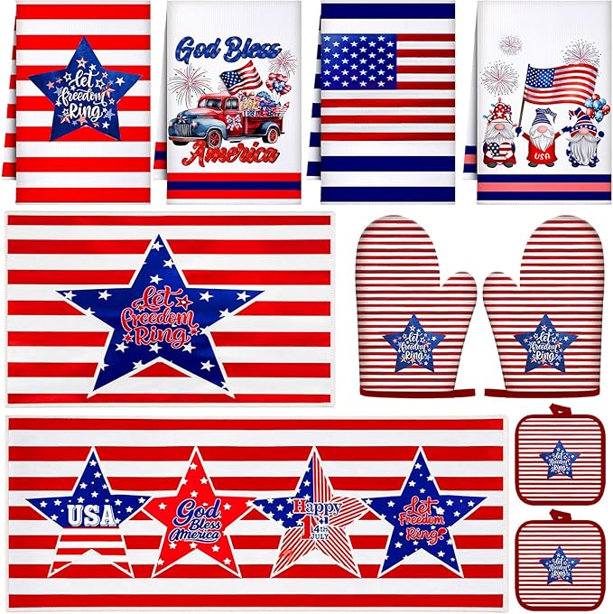 VitalCozy 10 Pcs Patriotic Kitchen Decor Set 4th of July Kitchen Towels and Rugs Pot Holders Oven Mitts Set for Independence Day Gift Cooking Baking Grilling Housewarming