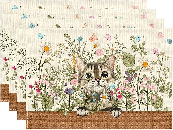 XCHI Wildflowers Cat Daisy Spring Placemats Set of 4 Summer Table Mats for Party Home Kitchen Dining Table Decorations 12x18 Inch