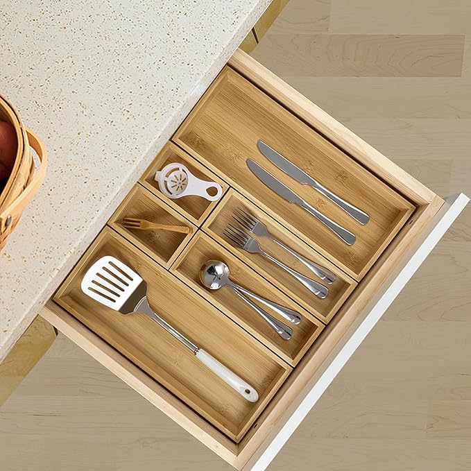 bamboo drawer organizer Set，expandable drawer dividers,wooden storage organizers,large trays for kitchen, bathroom,flatware,Tea Bag Organizer and office desk drawer (1)