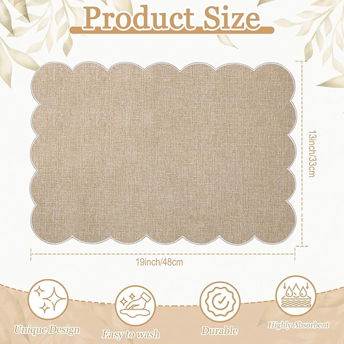 LemonRoad 8 Pcs Boho Linen Placemats Set 13" x 19" Elegant Scalloped Double Layered Placemats Farmhouse Washable Rustic Dining Table Decorations for Kitchen Wedding Banquet (Brown,Beige)