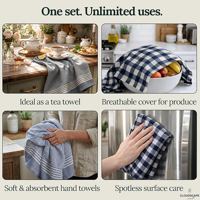 CLOUDSCAPE Kitchen Towels Set of 6 : Cotton-Blended Dish Cloths, Waffle Weave Quick-Drying Dish Towels for Kitchen Essentials, Highly Absorbent, Durable 18”x28” Hand Towels with Hanging Loop -Indigo