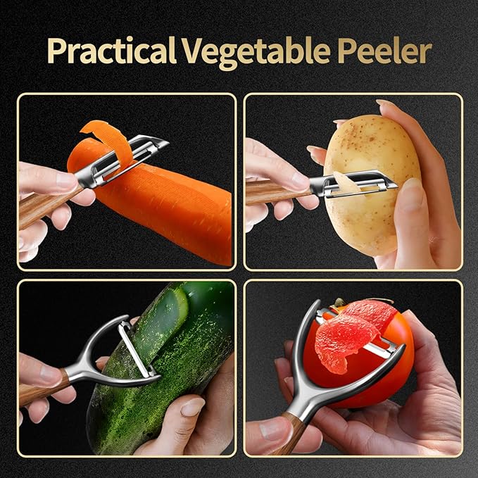 Premium Stainless Steel Vegetable Peelers, Ultra Sharp Blades, Heavy-Duty Fruit Peeler with Comfort Wood Handle, Durable Potato Peeler, No Rust