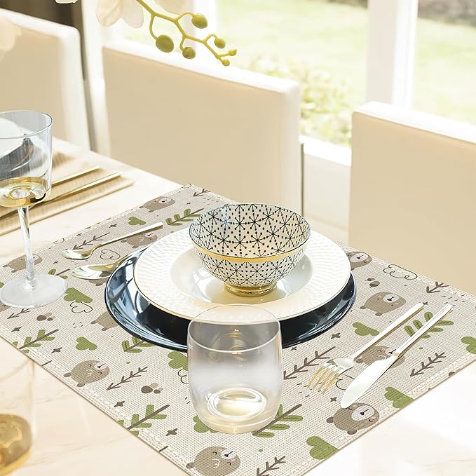 Cat Dog Dinosaur Frog Bear Placemats,Cute Cartoon Patterns Table Mats Set of 6,12x18 Inch,Waterproof Oil-Proof Washable and Reusable Linen placemats Holiday Party Kitchen Table Decorations