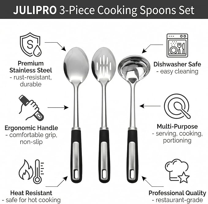 Stainless Steel Cooking Spoons Set – Includes Slotted Spoon, Serving Spoon & Soup Ladle, Heat-Resistant, Dishwasher Safe, Ergonomic Handles for Home & Commercial Use