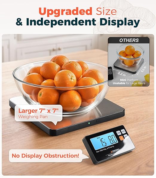 Atogou Upgraded Wireless Food Scale, 33lb/15kg Kitchen Scale with Detachable Display & Larger Platform, 0.1oz/1g, 9 Units, Counting Function, Stainless Steel, for Cooking, Baking, Shipping, Silver