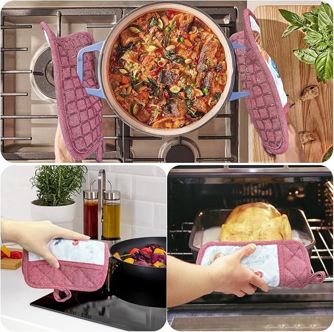 Pot Holders Set of 3 Silicone Printing Non Slip Heat Resistant, Yarm-Dyed Hot Pads Cotton Home Kitchen Cooking Barbecue Microwave Women Men Machine Washable BBQ Grilling. (Red Potholders)