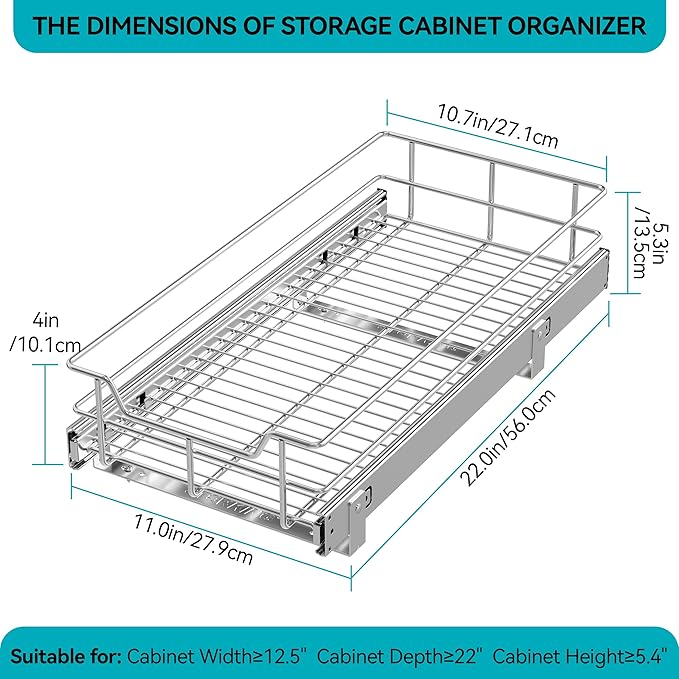 Pull Out Cabinet Organizer 11" W X 22" D, Slide Out Drawers For kitchen organizers and storage, Pull Out Drawers For Cabinets Capacity Heavy Duty Caddy, Cabinet Shelves Chrome-Plated, Bathroom Pantry